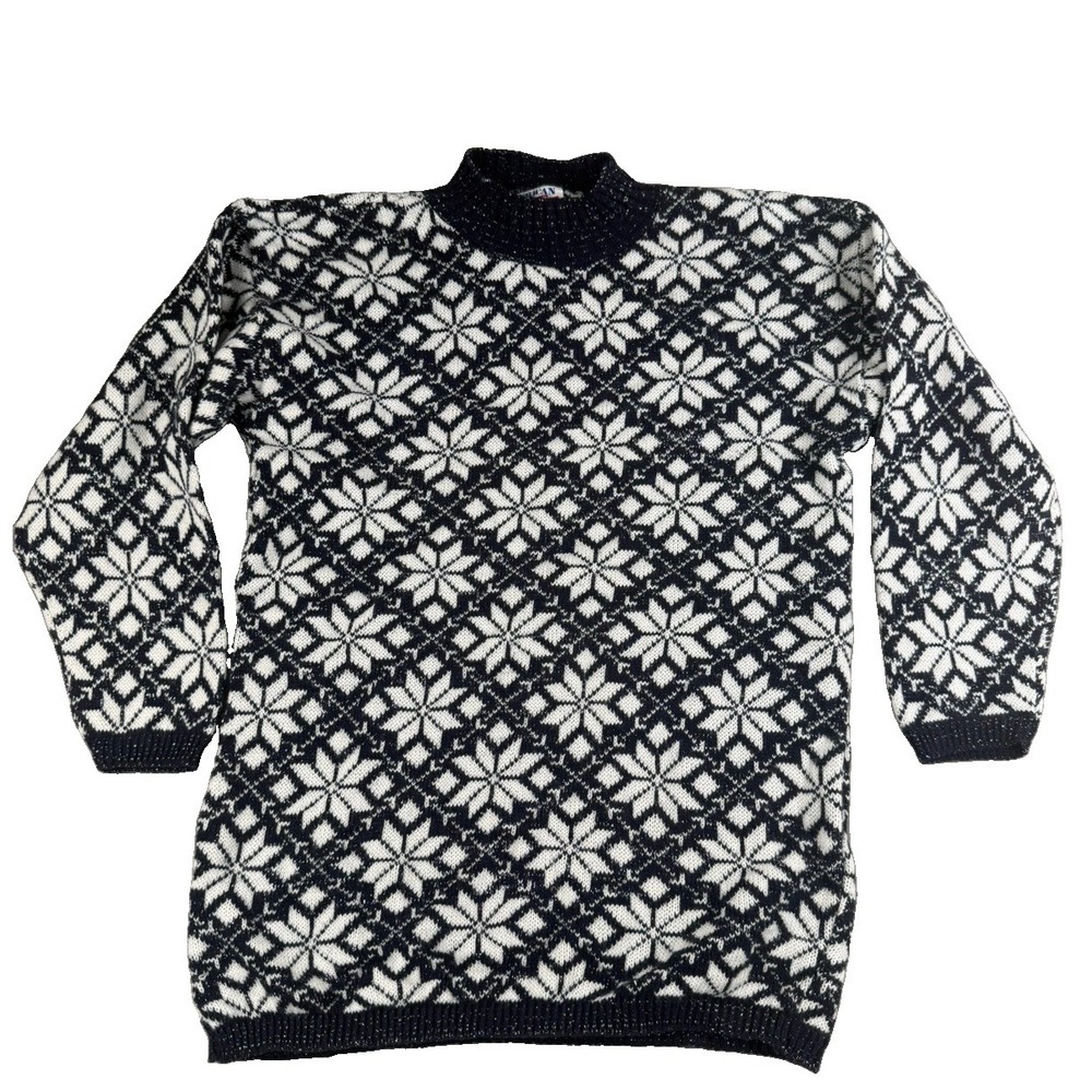 Vintage American Pride Sweater USA Black White Snowflake Fair Isle Metallic Knit